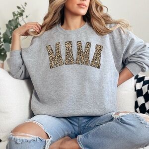 Long Sleeve “MAMA” Leopard Print Embroidered Shirt